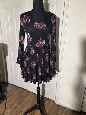 Black Floral Long-Sleeve Mini Dress with Pink Rose Print